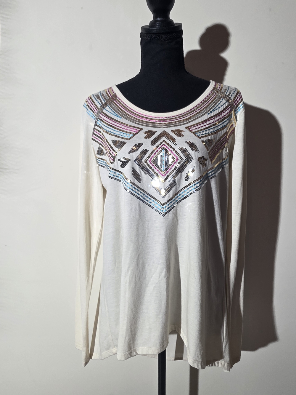 Rock & Roll Cowgirl Ivory Long-Sleeve Top with Multicolor Sequin Yoke (Size M)